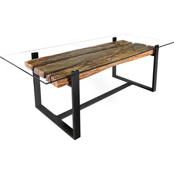 Jídelní stůl Industriální obdélníkový jídelní stůl Barracuda z teakového dřeva se skleněnou vrchní deskou s kovovými nohami