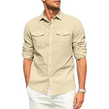 Pánská košile Pánská košile z bavlněného lnu s dlouhým rukávem Barva: Khaki, Velikost: 3XL