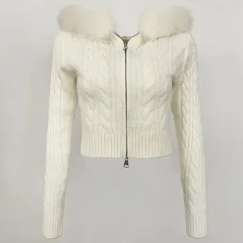 Dámský svetr Dámský huňatý zkrácený svetr se zipem a kapucí Barva: Béžová, Velikost: ONE SIZE