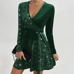 Mini sametové šaty s flitry a páskem – večerní styl Barva: Zelená, Velikost: L