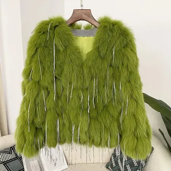 Dámská kožešinová bunda s třásněmi liška Barva: Zelená, Velikost: ONE SIZE