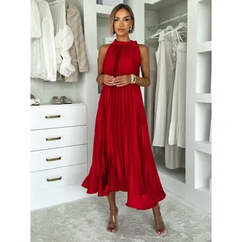 Dámské šaty Červené saténové dlouhé plisované šaty EKULY Velikost: ONESIZE