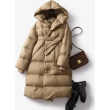 Dámská parka Dámská dlouhá zimní péřová bunda s kapucí Barva: Světle Hnědá, Velikost: L