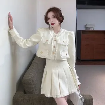 Dvouvrstvý komplet – tvídové šaty + sako, elegantní francouzský styl Velikost: M, Barva (Varianta): Apricot coat + short skirt [high quality fabric]]