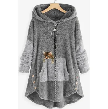 Dámská mikina Dámská sametová mikina s kapucí a kočkou Barva: Šedá, Velikost: 5XL
