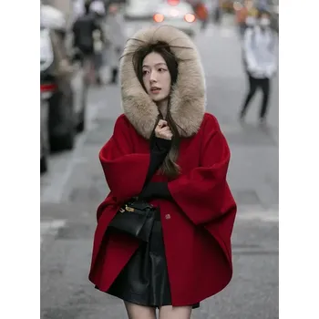 Dámský kabát dámský zimní kabát s límcem z liščí kožešiny a kapucí Barva: Červená, Velikost: M