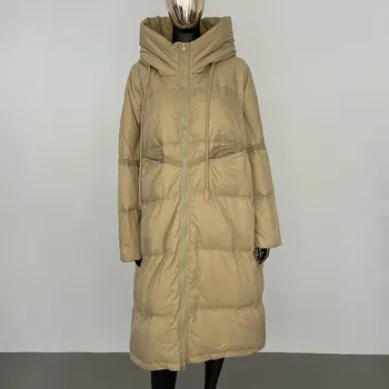 Dámská parka Dlouhá péřová parka s kapucí a kapsami pro zimu Barva: Khaki, Velikost: M