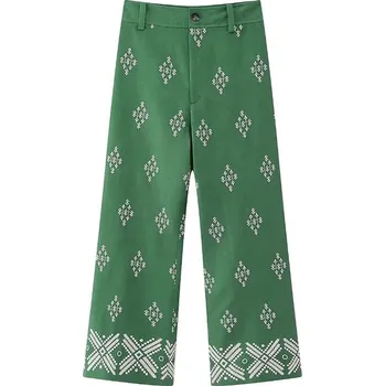 Dámské kalhoty volné lněné kalhoty ve vintage stylu s výšivkou Barva: Zelená, Velikost: XS