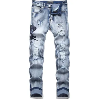 Pánské džíny Pánské džíny s výšivkou ve street stylu Barva: Modrá, Velikost: L