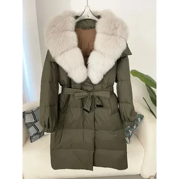 Dámská parka Zimní bunda s kožešinovým límcem – pásek, kachní peří, liška/mýval Velikost: L, Barva (Varianta): green light grey