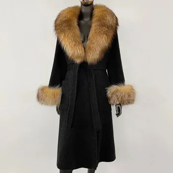 Dámský kabát Zimní kabát s límcem z lišky – vlněný, elegantní střih Velikost: S, Barva (Varianta): Černá
