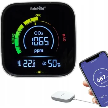 Senzor smogu, teploty a vlhkosti Baldr 202407 s akustickým alarmem, světelným alarmem, připojením k WiFi a displejem