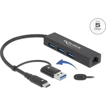 USB hub Delock 3 portový rozbočovač USB 3.2 Gen 1 + Gigabit LAN s konektorem USB Type-C nebo USB Typu-A 0.2m černá (64149)