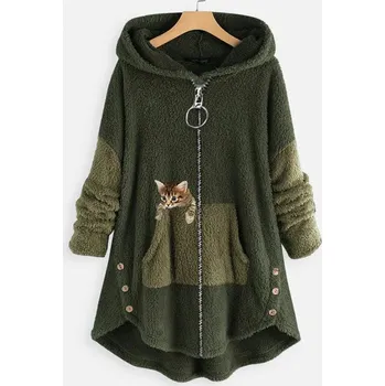 Dámská mikina Dámská sametová mikina s kapucí a kočkou Barva: Zelená, Velikost: 3XL