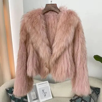 Dámský kožich Krátká chlupatá dámská bunda z pravé kožešiny Barva: Růžová, Velikost: ONE SIZE