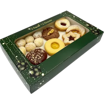 Dárková krabička Vánoční krabička tmavě zelená s průhledným okénkem na 3/4 kg cukroví 25x15x5 cm