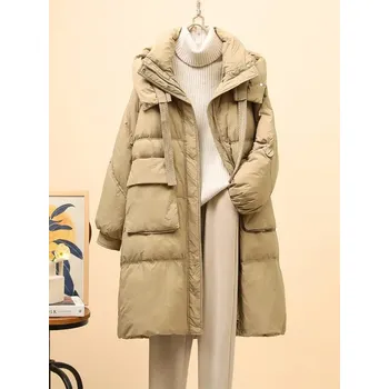 Dlouhá dámská péřová bunda s kapucí a šňůrkami v pase Barva: Khaki, Velikost: ONE SIZE