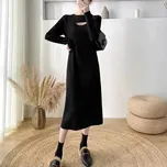 Dlouhé pletené šaty s rozparkem Barva: Černá, Velikost: ONE SIZE