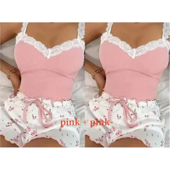 Dámské pyžamo Dámský letní pyžamový set kraťásky a tílko Barva: 2x růžová, Velikost: M