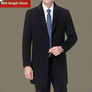 Pánský zimní kabát Pánský vlněný kabát midi délky s límcem pro společenské příležitosti Velikost: L, Barva (Varianta): Mid-length black [above the knee]]