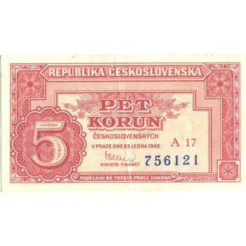 ČESKOSLOVENSKO. 5 korun 1949. Série A 17. Hej. 83a2.