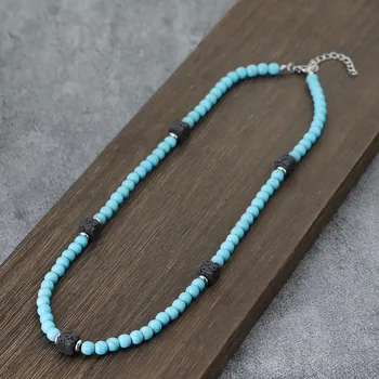 Náhrdelník Přírodní minerální náhrdelník pro muže | pánský náhrdelník, minerální korálky - modrý howlitový kámen