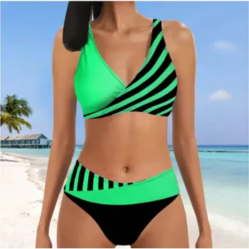 Dámské plavky Dámské plavky dvojdílné s vysokým pasem - dvoubarevné s proužkem (vel. S-5XL) Barva: zelená, Velikost: 3XL