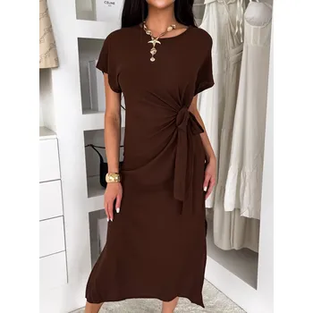 Dámské šaty Hnědé lehké vypasované šaty NIRELA s vázáním Velikost: ONESIZE