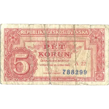 ČESKOSLOVENSKO. 5 korun 1949. Série A 22. Hej. 83a2.