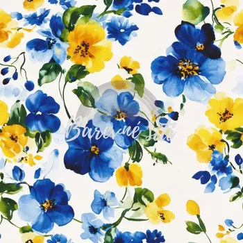 Venezia, Žluté a modré květy na bílé (E)** (Polyesterový úplet Venezia)