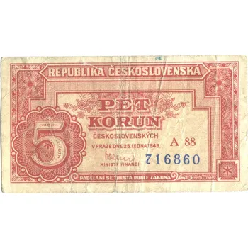 ČESKOSLOVENSKO. 5 korun 1949. Série A 88. Hej. 83a2.