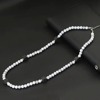 Náhrdelník Přírodní minerální náhrdelník pro muže | pánský náhrdelník, minerální korálky - bílý howlit