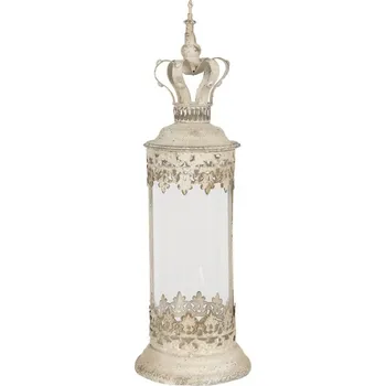 Svícen Béžová kovová lucerna s ozdobnou korunou – 17x55 cm