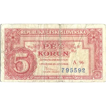 ČESKOSLOVENSKO. 5 korun 1949. Série A 96. Hej. 83a2.