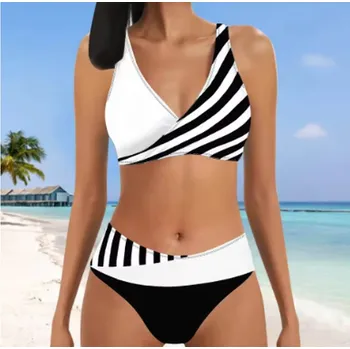 Dámské plavky Dámské plavky dvojdílné s vysokým pasem - dvoubarevné s proužkem (vel. S-5XL) Barva: Bílá, Velikost: 5XL