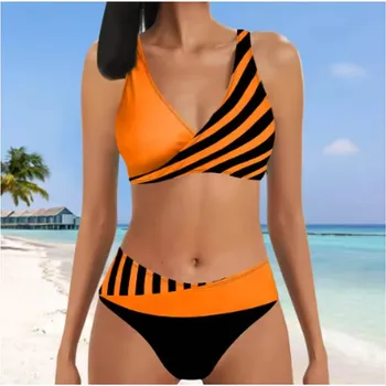 Dámské plavky Dámské plavky dvojdílné s vysokým pasem - dvoubarevné s proužkem (vel. S-5XL) Barva: Oranžová, Velikost: 4XL