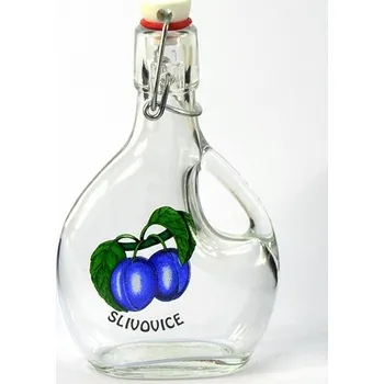 Sklenice Láhev sklo 200ml BOCKSBEUTEL ucho ŠVESTKA, patent. uzávěr