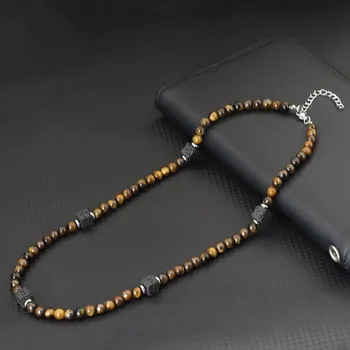 Náhrdelník Přírodní minerální náhrdelník pro muže | pánský náhrdelník, minerální korálky - tygří oko kámen
