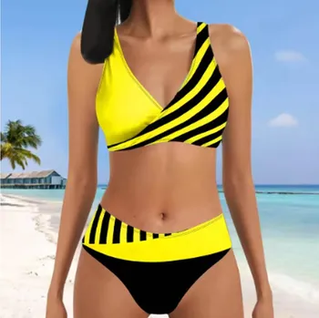 Dámské plavky Dámské plavky dvojdílné s vysokým pasem - dvoubarevné s proužkem (vel. S-5XL) Barva: Žlutá, Velikost: 5XL