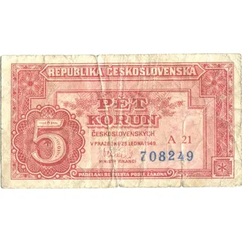 ČESKOSLOVENSKO. 5 korun 1949. Série A 21. Hej. 83a2.