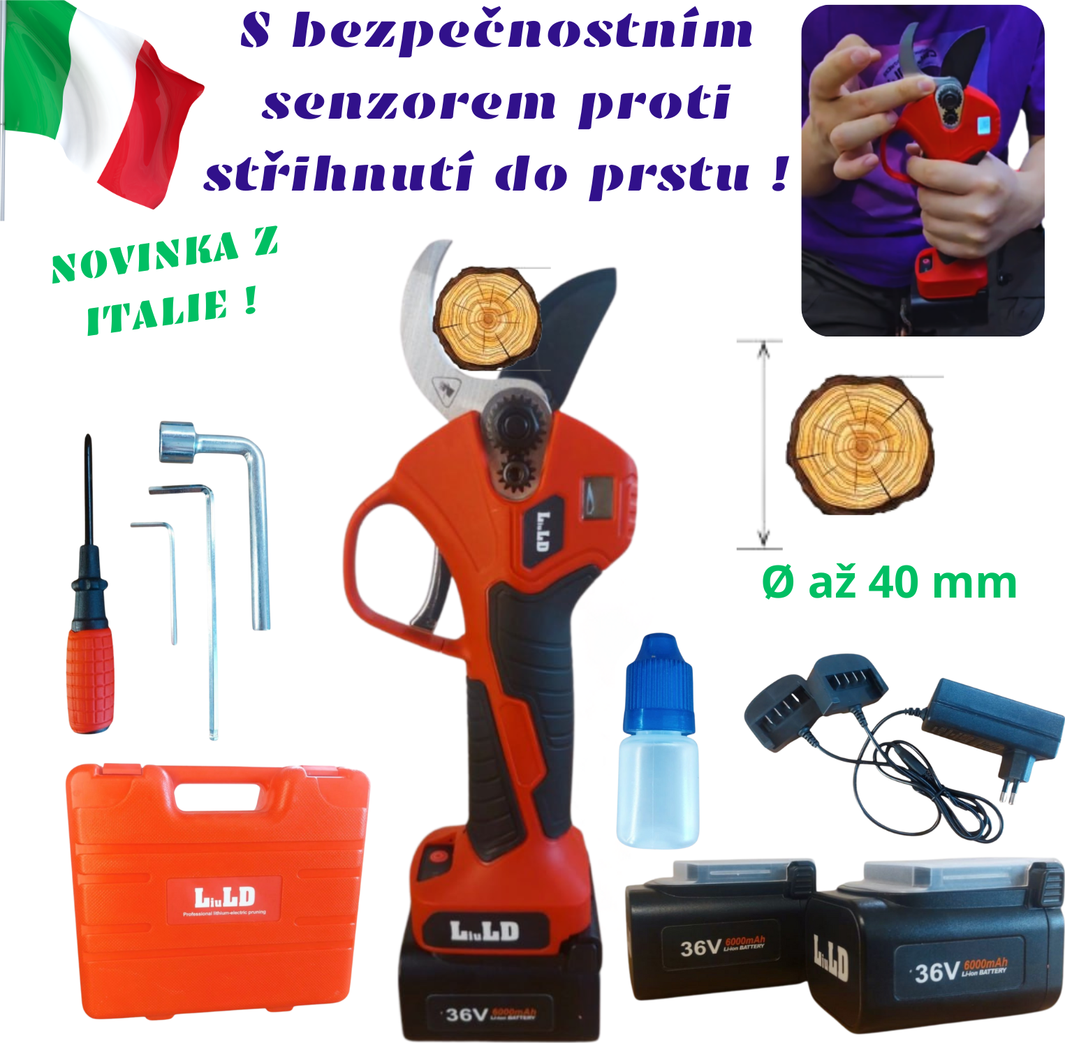 Aku elektrické nůžky na větve 36V, ⌀ 40mm, s bezpečnostní pojistkou + 2× baterie, kufr a příslušenství