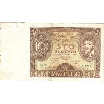 POLSKO. 100 złotych 9.11.1934. Série BE. Par. 98c / PL 11.