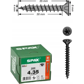 Vrut Vruty do dřeva SPAX 4x35mm torx, plný závit, zápustná hlava, černé 200 ks