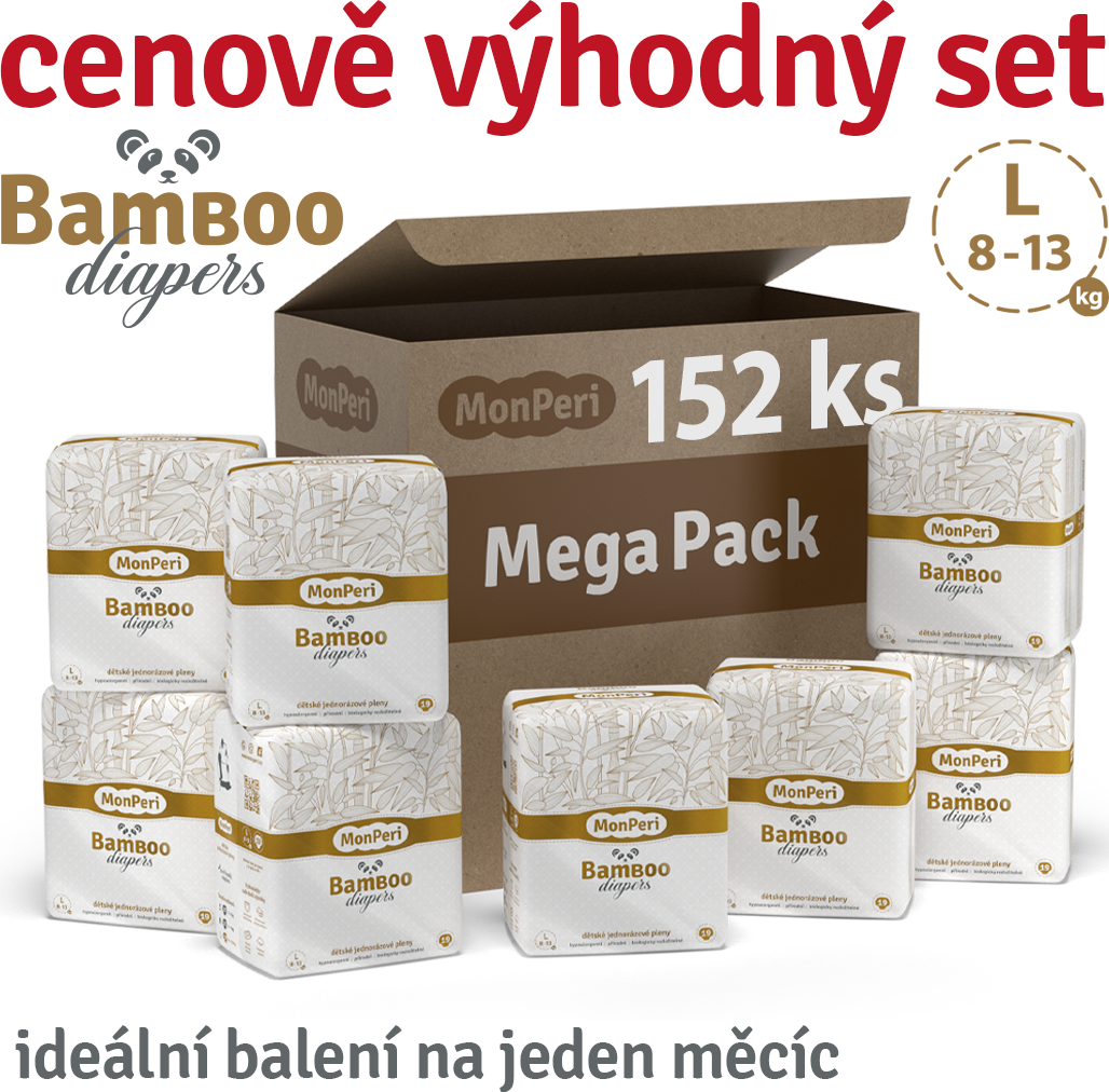 MonPeri Bamboo Mega pack L 8-13kg - 152ks EKO bambusové pleny (velikost 4)