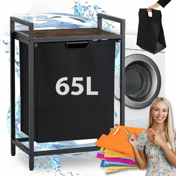 Koš na prádlo Úzký koš na prádlo s policí, černý, loft, velký, rustikální, 65 litrů KAI