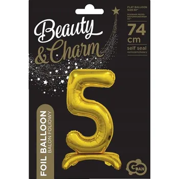 Balónek STOJÍCÍ BALÓNEK ČÍSLICE 5 fóliový ZLATÝ metalický. GODAN velké BALÓNKY ČÍSLA 74 cm
