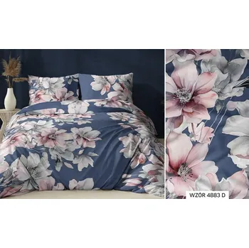 Povlečení Povlečení saténové 140x200 modré růžové květiny na zip KARO