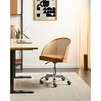 Kancelářská židle hnědá umělá kůže umělý ratan opěradlo vídeňský výplet otočná nastavitelná výška bez područek retro styl Beliani