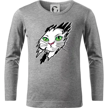 Chlapecké tričko Kočka v roztrženém triku - Triko dětské Long Sleeve - 146 cm/10 let ( Tmavě šedý melír )