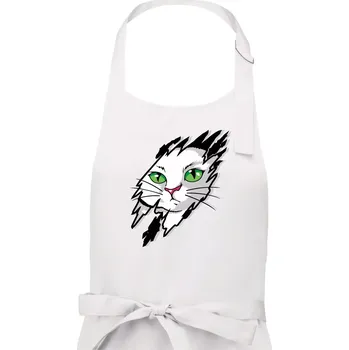 Kuchyňská zástěra Kočka v roztrženém triku - Dámská zástěra na vaření - Univerzální velikost ( Bílá )